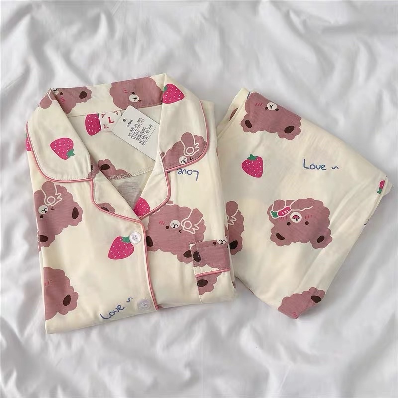 Bộ Pijama Dài Tay, Bộ Đồ Ngủ Nữ Mặc Nhà Thu Đông Họa Tiết Gấu Dâu Form Rộng