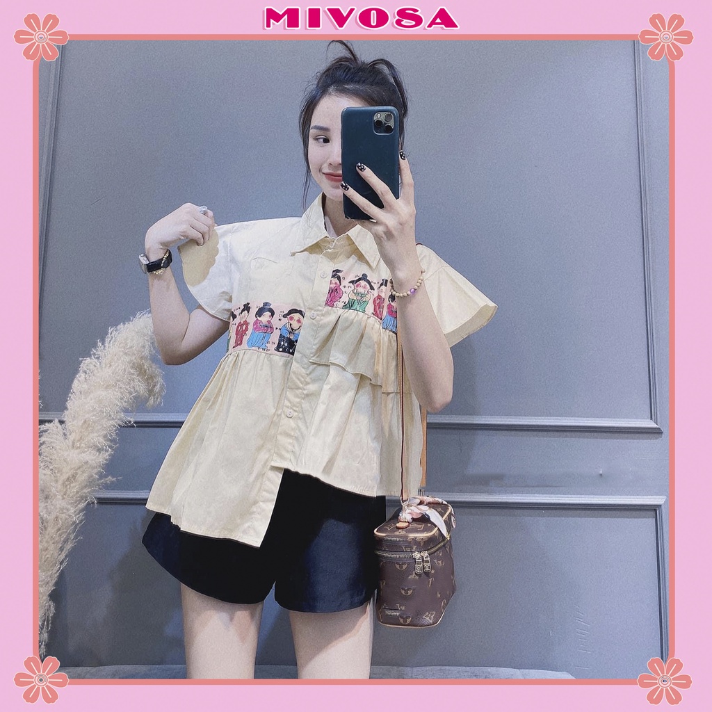 Set áo sơ mi bèo vạt lệch quần đùi nữ đồ bộ nữ ngắn tay hoạt hình MIVOSA HH001 | BigBuy360 - bigbuy360.vn