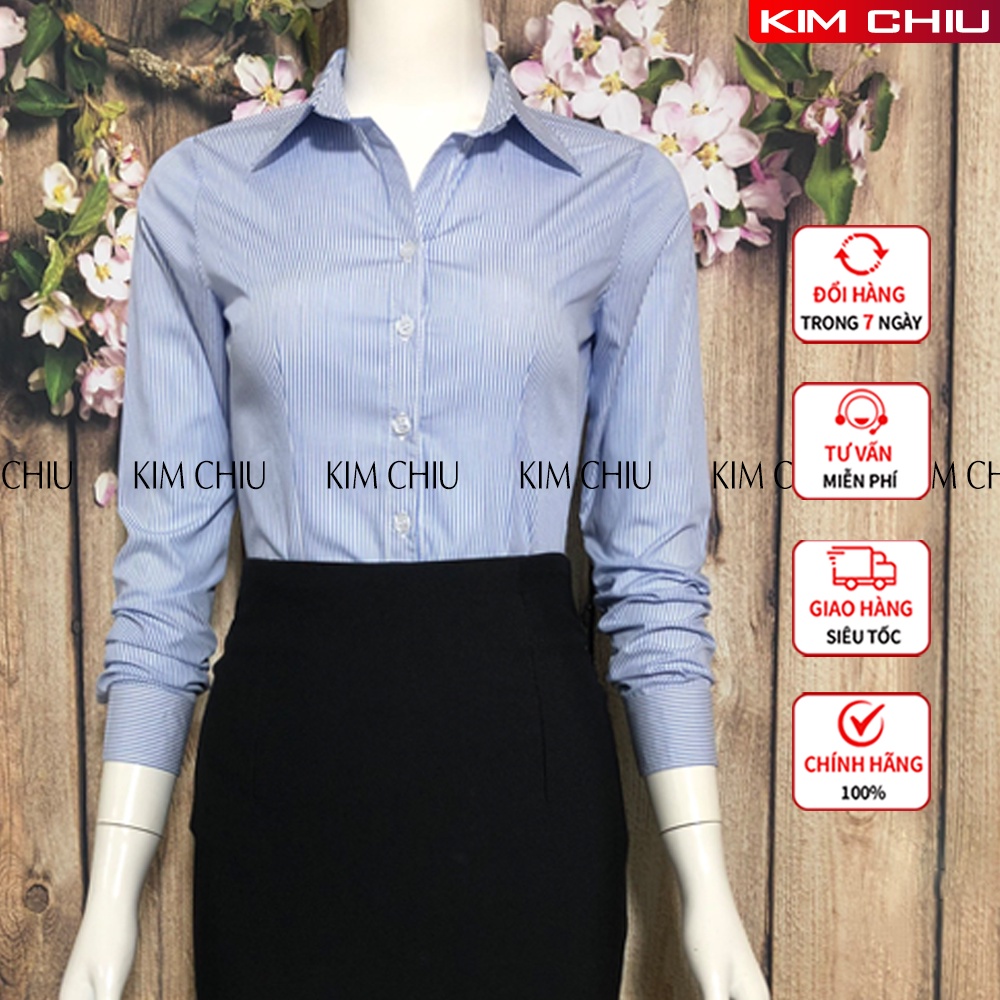 Áo Sơ Mi Nữ Công Sở KIM CHIU, Form Mai An, Sọc Kẻ Đậm Màu Xanh Tay Dài Vải Kate Mỹ Đẹp, Ít Nhăn, Giãn Nhẹ. SMTD01