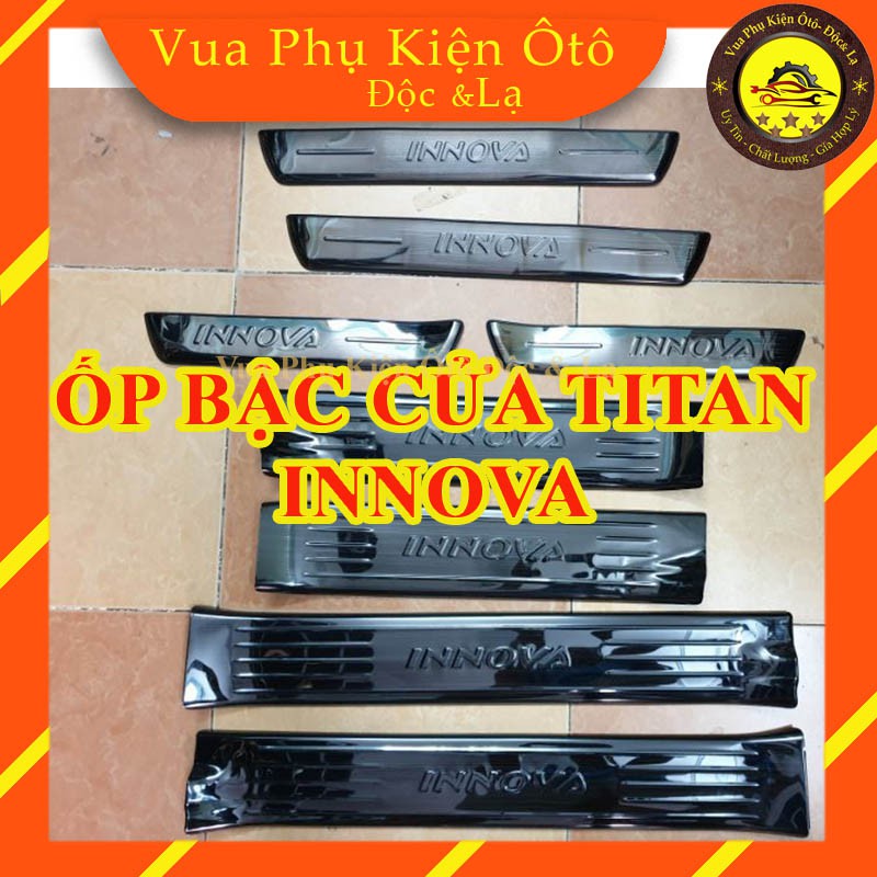 Ốp bậc cửa titan Toyota Innova 2017- 2020 cao cấp - Bộ 8 miếng trong ngoài +Tặng 2 cuộn băng keo 3M