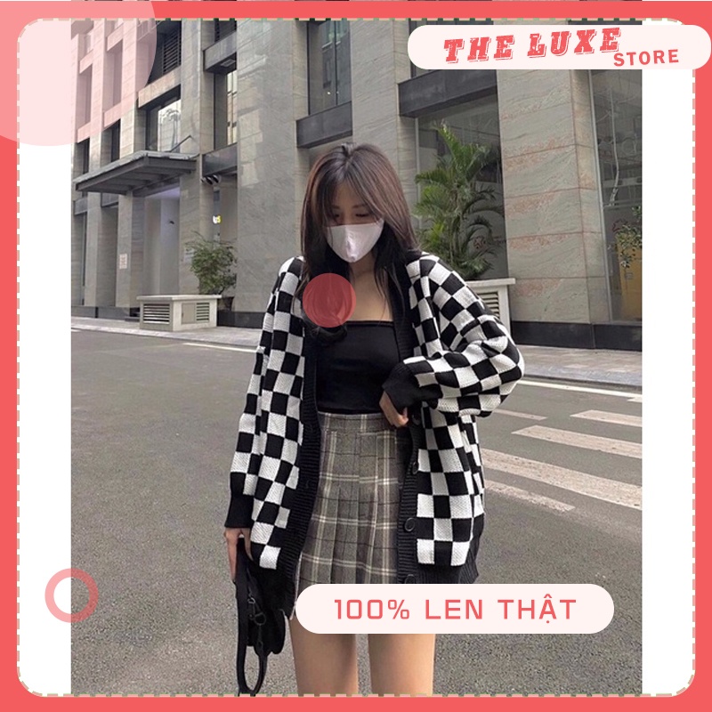 Áo cardigan len họa tiết sọc caro, Áo khoác len nữ thu đông form rộng 100% được may từ len mềm mịn phối màu đen trắng | BigBuy360 - bigbuy360.vn