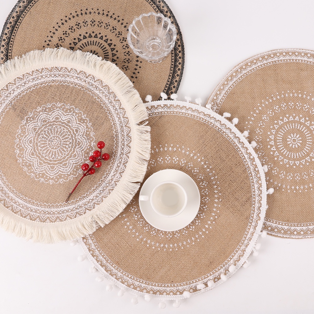 Tấm lót bàn ăn hình tròn bằng vải lanh chống trượt có thể giặt được