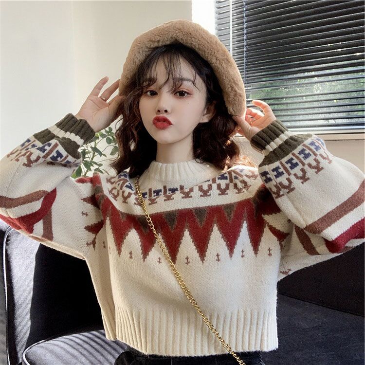 Áo Sweater đỏ dày dáng rộng ngắn phong cách giáng sinh năm mới dành cho cặp đôi