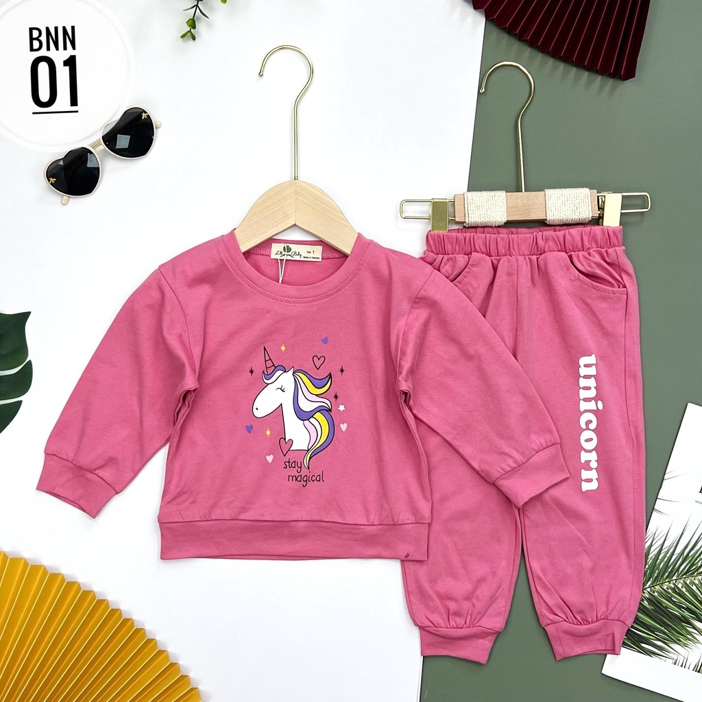 Bộ thun dài tay thu đông bé gái LITIBABY hình ngựa, size cho bé từ 10-18kg