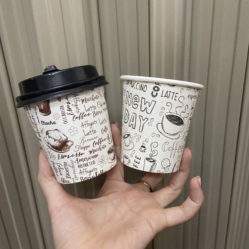 50 ly giấy 240ml ~ 8oz nắp đen phong cách Hàn Quốc New Day Mocha hình trắng đen nâu xanh dùng 1 lần - Paper cup