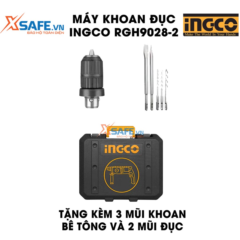 Máy khoan búa 3 chức năng 800w INGCO RGH9028-2 đầu gài sds plus, 2 đầu chuyển đổi, tốc độ 1100rpm, lực đập 2.5j