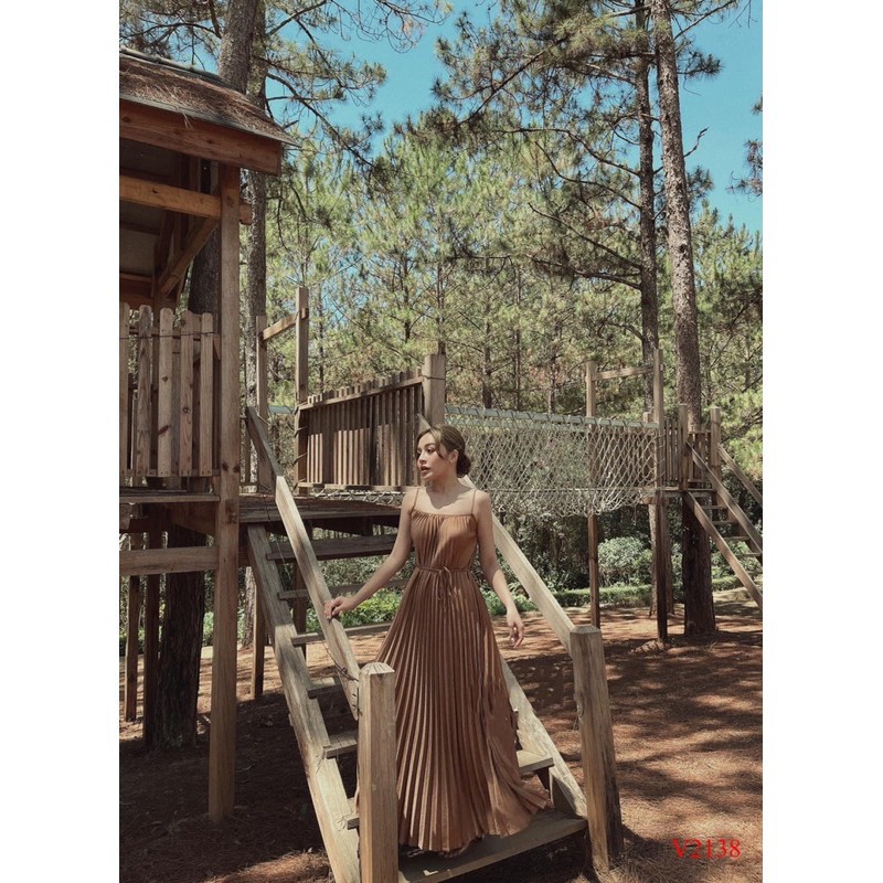 Đầm maxi suông dài dập ly lụa satin siêu đẹpo