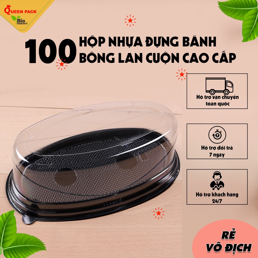 [QP-B055] SET 100 Hộp đựng bánh bông lan cuộn hình bầu dục đế đen kèm nắp PET trong