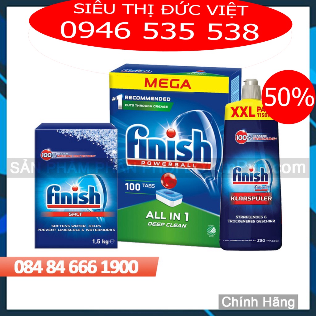 Combo Viên rửa bát Finish All in one 120 viên + Muối rửa bát finish 1.5kg + Nước trợ xả máy finish 800ml