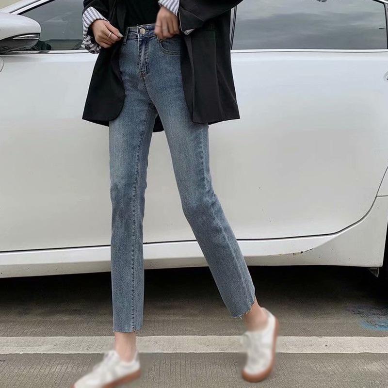 Quần jean nữ lưng cao dáng thẳng thời trang cổ điển Hàn Quốc