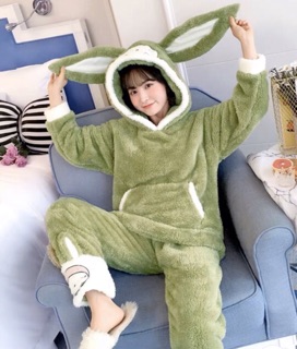 (Sẵn)  Bộ ngủ lông cừu tai thỏ siêu ấm