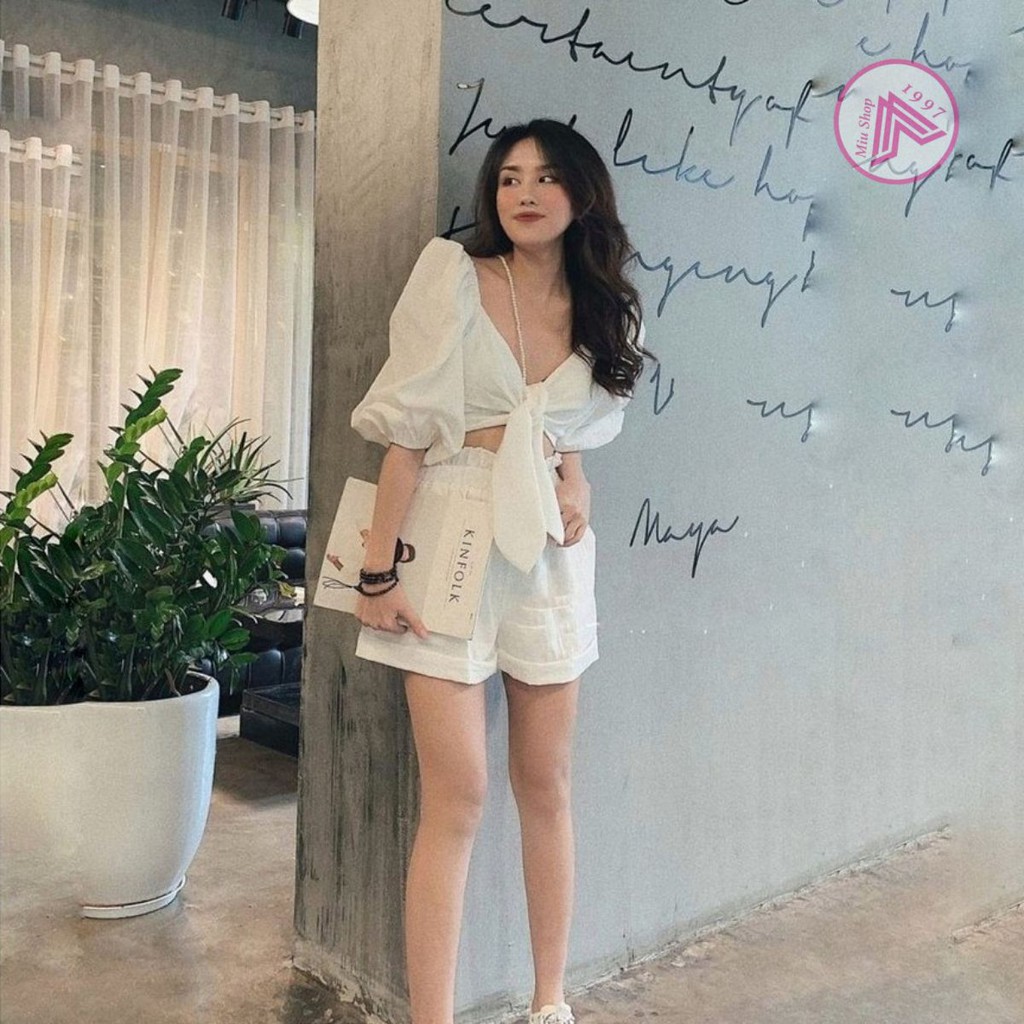 [HÌNH THẬT] Set Quần Sooc Ống Rộng + Áo Tay Phồng Thắt Dây (TRẮNG)