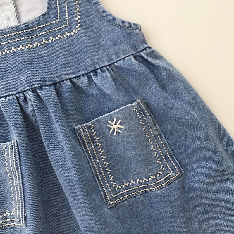 Đầm Yếm Denim Thêu Họa Tiết Phong Cách Nhật Hàn Thời Trang Cho Bé Gái