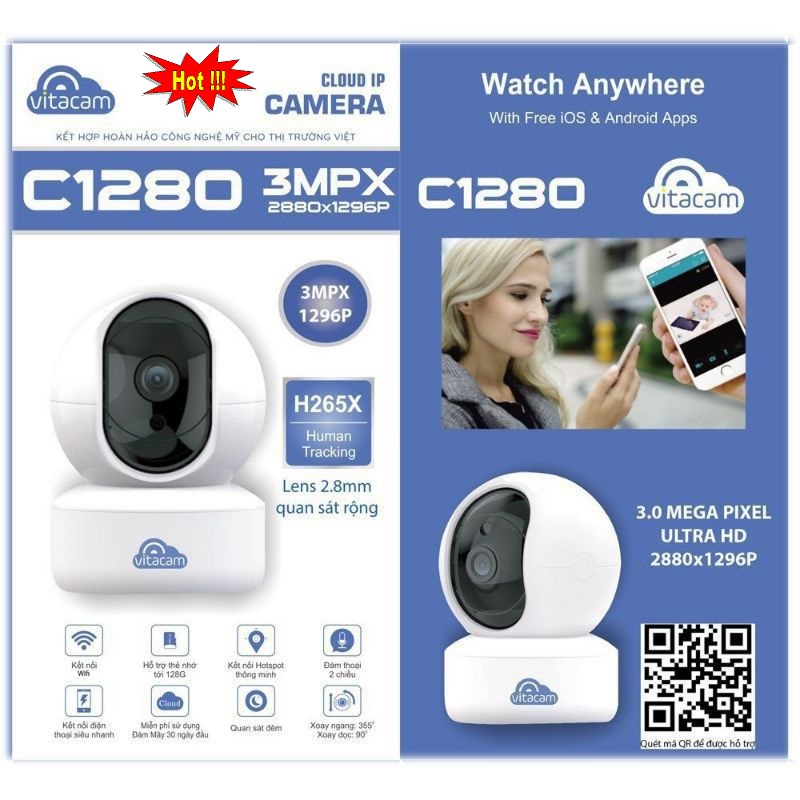 Camera không dây Wifi Vitacam C1280 2.0 Pro 3Mpx Ultra HD công nghệ AI xoay 360 độ - Hàng Chính Hãng