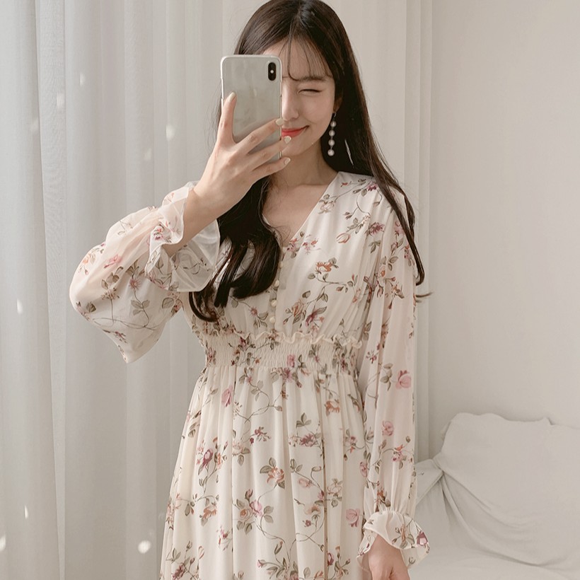 Đầm - Váy hoa nhí tay dài bo chun bèo babydoll, Đầm - Váy hoa nhí cổ V bánh bèo | BigBuy360 - bigbuy360.vn