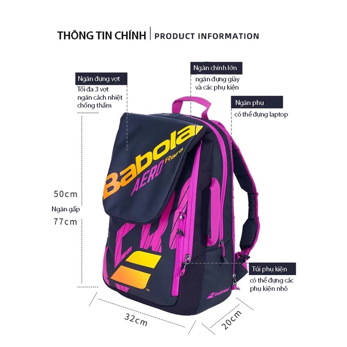 Balo tennis Babolat pure aero rafa màu tím cam mẫu mới kết hợp túi vợt