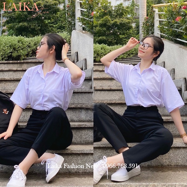 Áo sơ mi trắng đi học form rộng tay lỡ có túi cổ bẻ V kiểu áo sơ mi học sinh rộng tay ngắn màu trắng xanh đi học vải mát