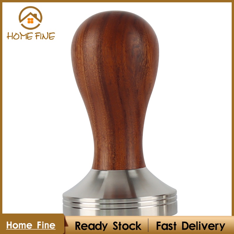 【Home Fine】Stainless Steel Coffee Tamper Barista Espresso Coffee Bean Press Tool w/Wooden Handle Flat Base