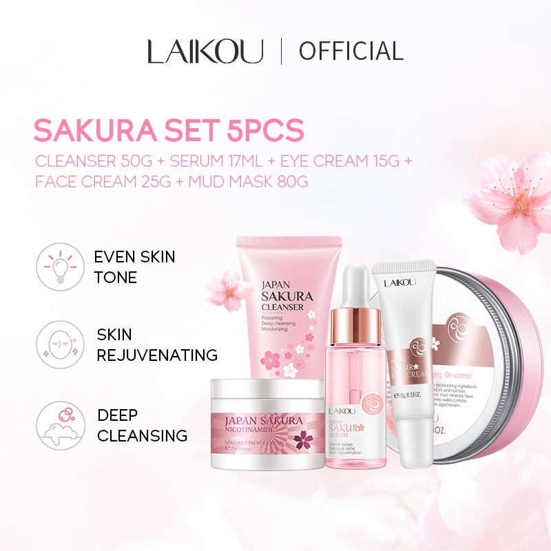 Bộ chăm sóc da LAIKOU sữa rửa mặt hoa anh đào Nhật Bản 50g + Serum dưỡng da mặt 17g + Kem dưỡng mắt 15g + Mặt nạ bùn 80g