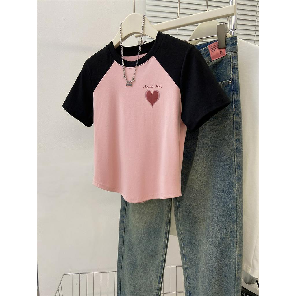 Áo Thun Raglan Tay Ngắn In Hình Trái Tim Màu Sắc Tương Phản 65024