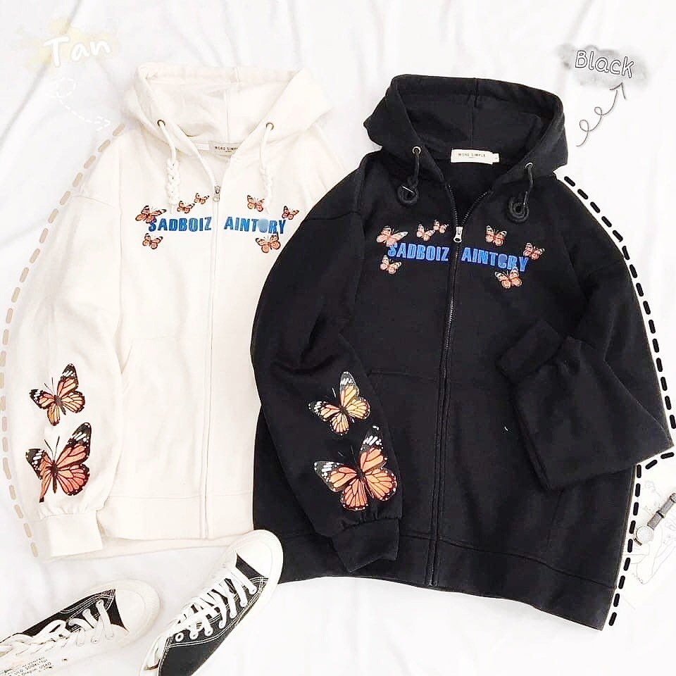 Áo Hoodie Nỉ Unisex Nam Nữ In Hình Bướm SADIZ Có Mũ Khóa Kéo 2 Màu Freesize Năng Động G053 | BigBuy360 - bigbuy360.vn