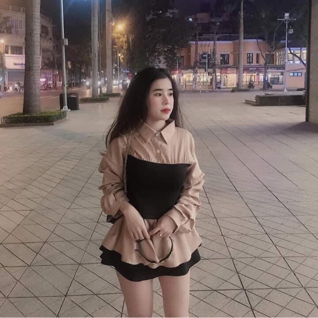 [Mã FAMARAL1 giảm 10K đơn 50K] Áo sơ mi phối len kiểu dáng babydoll