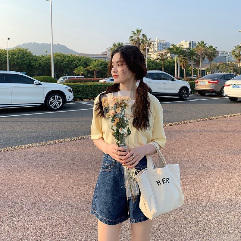 Quần Short Denim Lưng Cao Ống Rộng Phong Cách Retro Thời Trang Mùa Hè Cho Nữ