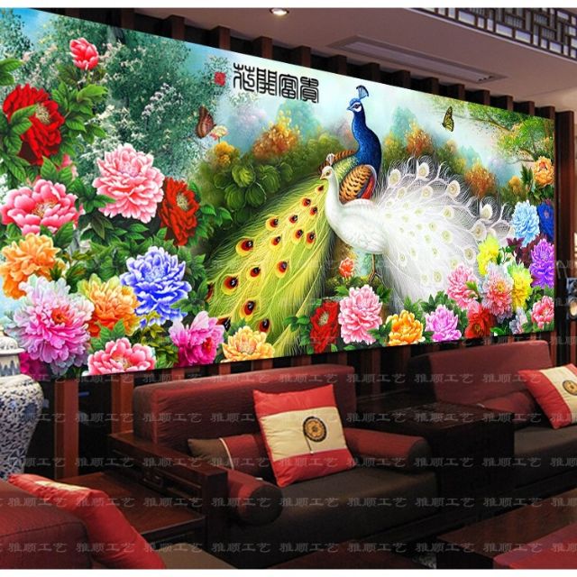 Tranh thêu chữ thập đôi công chỉ lụa chỉ thường