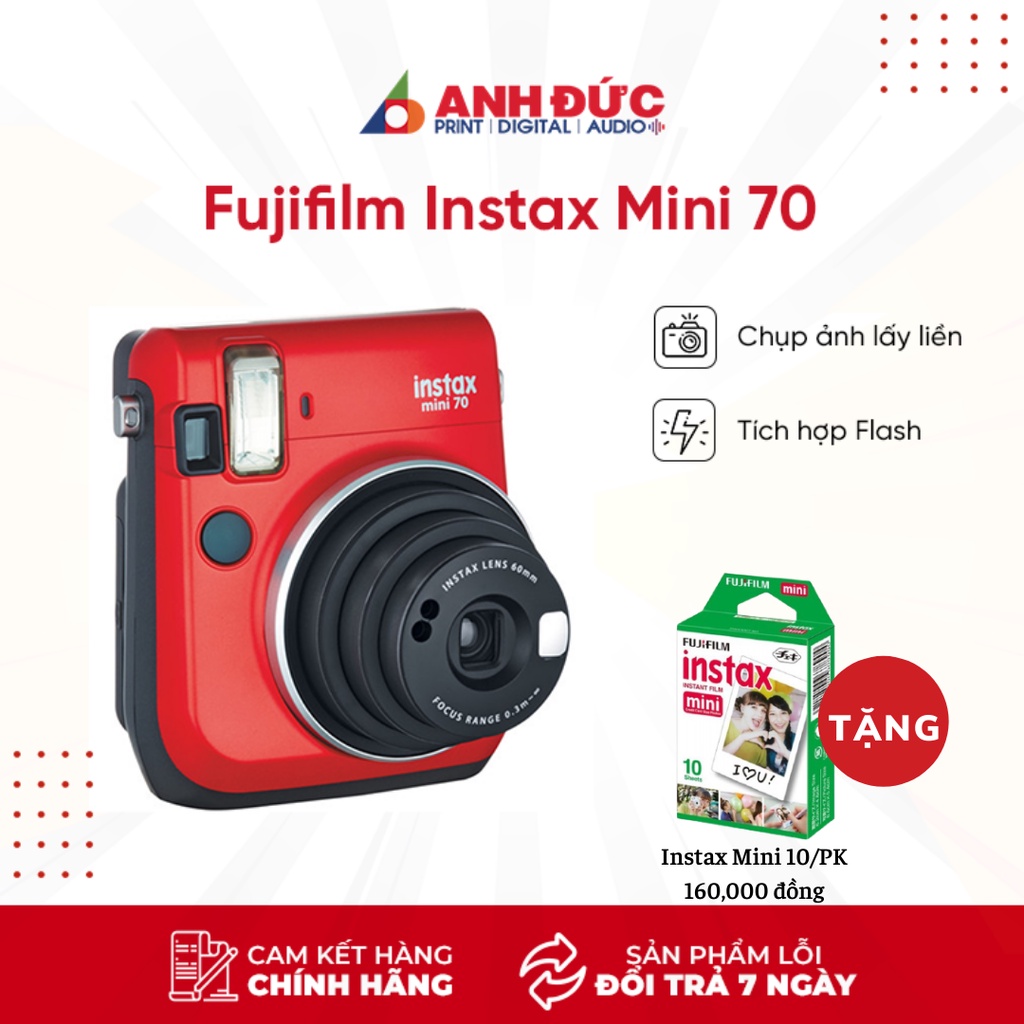 Máy chụp ảnh lấy liền Fujifilm Instax Mini 70 nhỏ gọn thời trang, Tặng 10 Film
