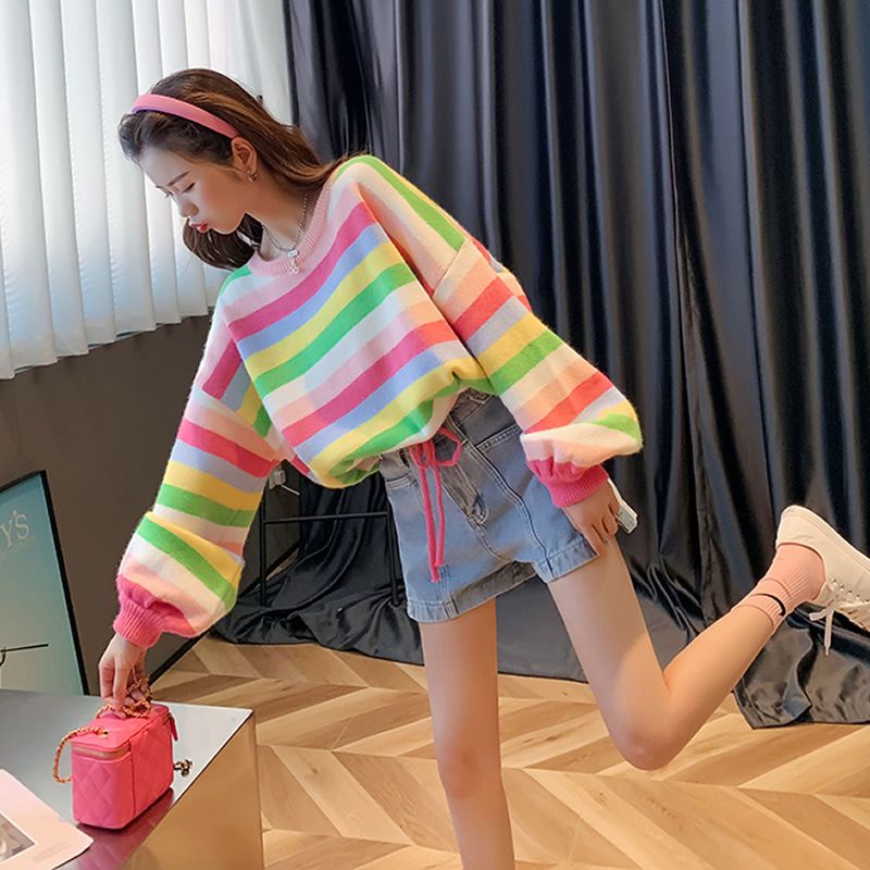 Áo Sweater Dệt Kim Mỏng Dáng Rộng Kẻ Sọc Cầu Vồng Phong Cách Nhật Bản Cổ Điển Thời Trang Cho Nữ