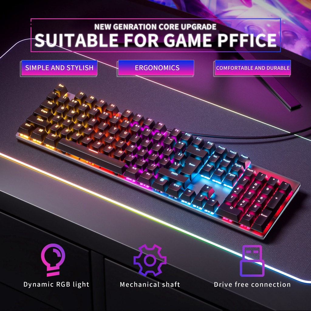 ZIFRIEND KA101 Bàn phím chơi game có dây RGB Bàn phím cơ có đèn nền USB 104 phím Office Gamer