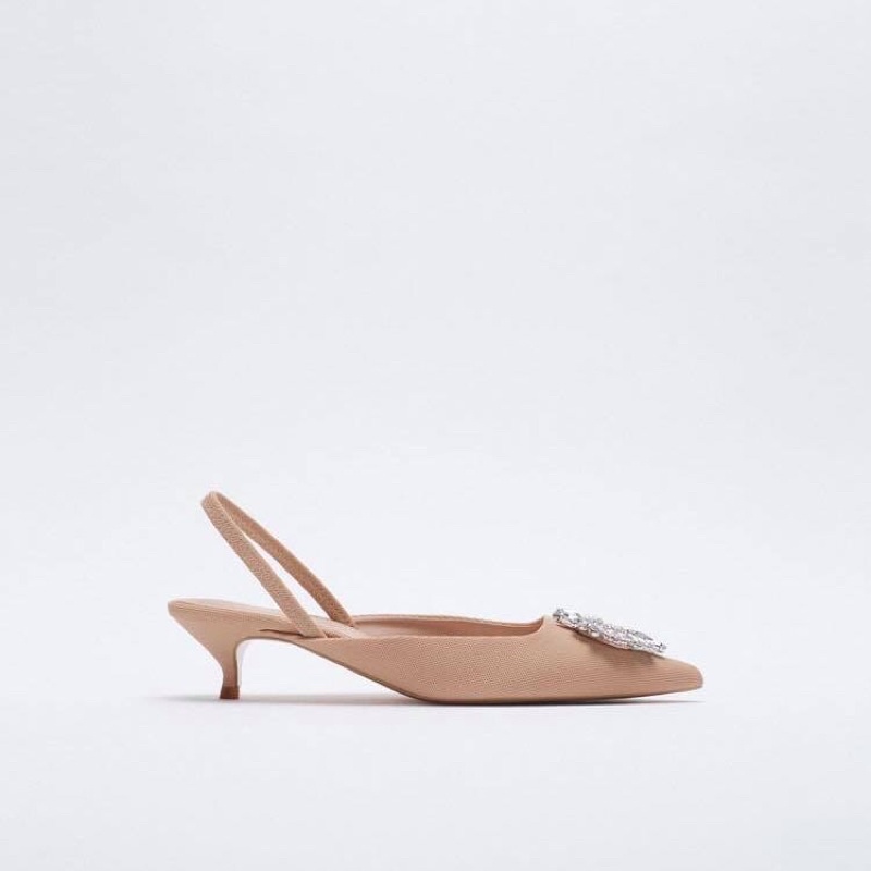 [Joiehome] Giày cao gót slingback mũi đính đá nhân tạo phủ lưới màu nude đẹp sang chảnh