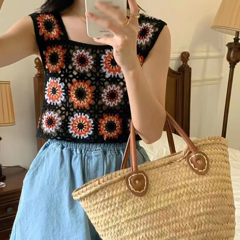 Áo Croptop Dệt Kim Không Tay In Họa Tiết Hoa Thời Trang Cho Nữ