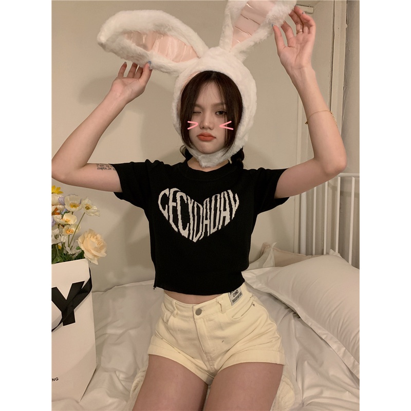 HUANG YOYO Áo Croptop Dệt Kim Tay Ngắn Cổ Tròn Dễ Thương Phong Cách Hàn Quốc Cho Nữ vicolas