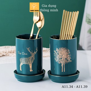 Ống đũa sứ kèm đĩa lót đựng thìa dĩa đũa họa tiết hươu và cây phong cách Bắc Âu Under1000k