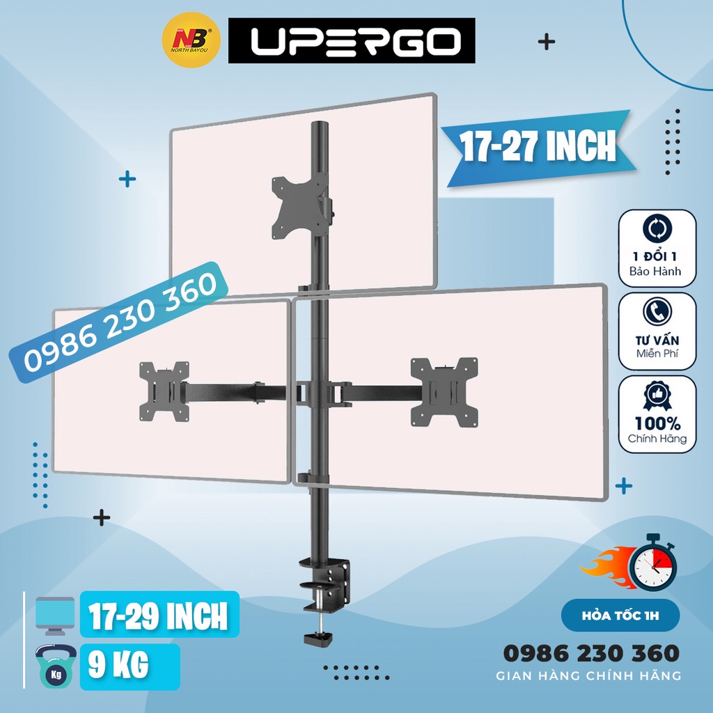 Giá Treo Màn Hình M053 Cao Cấp Hỗ Trợ Treo 3 Màn 17-27 Inch / Tải Trọng 8Kg - Trụ 80Cm  - Lắp Đặt Kẹp Bàn
