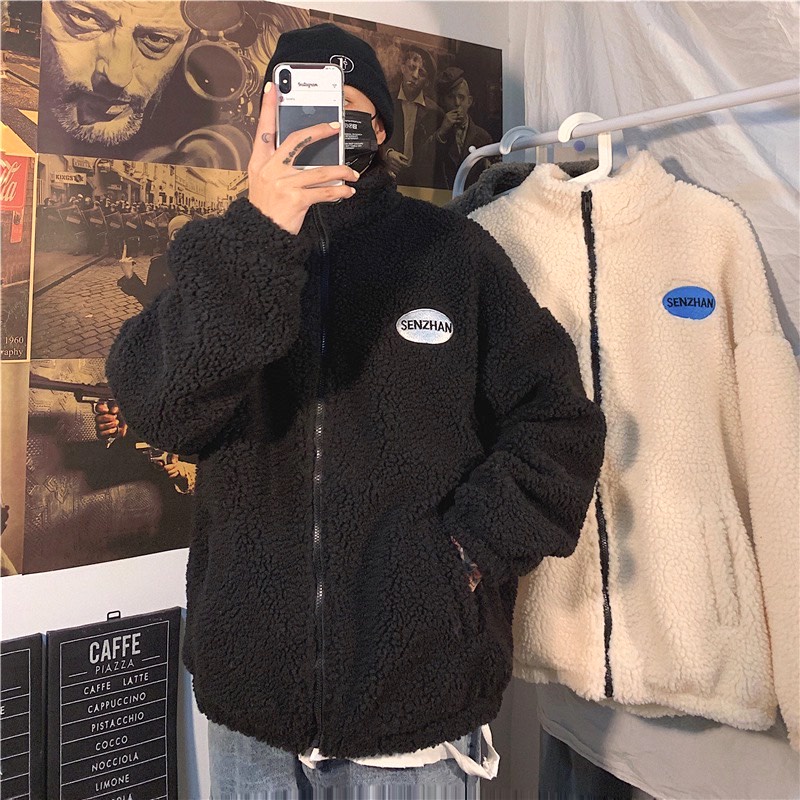 Áo Khoác Lông Tay Bồng Senzhan Unisex - Jacket lót bông dài tay oversize nam nữ, nỉ khóa kéo mùa đông họa tiết ngực trái