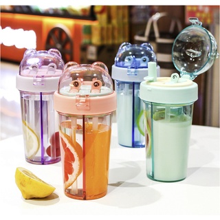 Bình nước 2 ngăn hình Gấu kute kèm ống hút