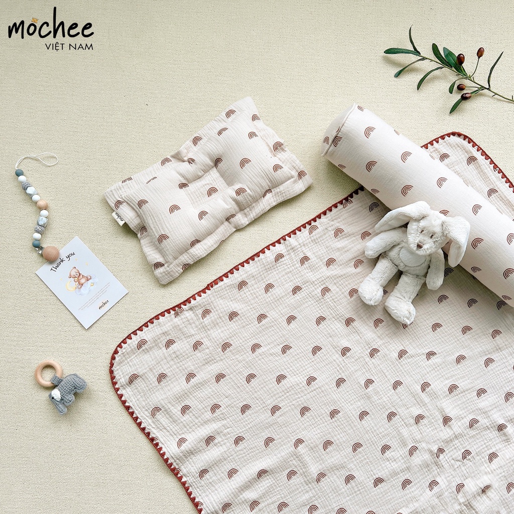 Chăn xô cho bé Mochee kèm gối 100x115cm, chăn xô muslin họa tiết - Monnie Kids