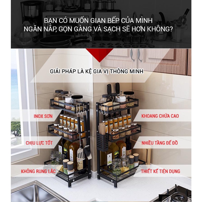 Kệ nhà bếp đa năng inox sơn tĩnh điện siêu chắc chắn, Kệ gia vị nhà bếp đa năng 3 tầng