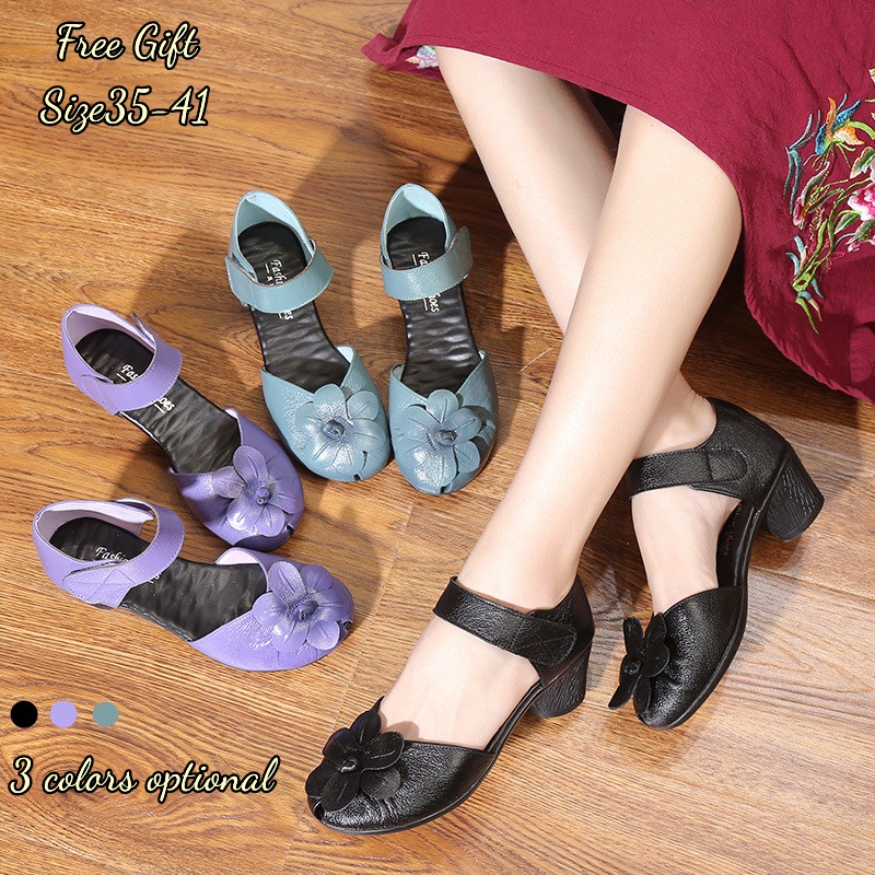 Giày Cao Gót Da Bò Đế Dày Quai Dán Đính Hoa Xinh Xắn Cho Nữ Size 35-41