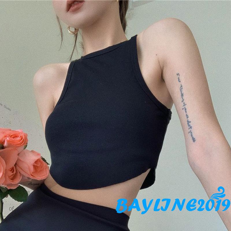 BAY-Women Bodycon Camisole, Solid Color Round Neck Sleeveless Cropped Tank Tops, White/ Black