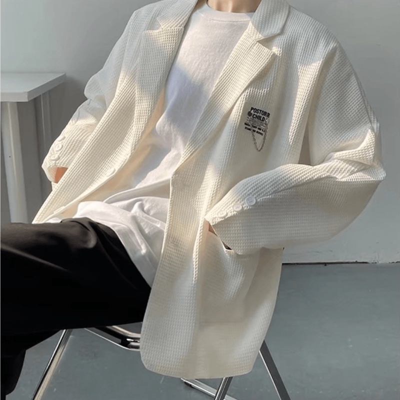 ♞AFF LIGA♞ Áo khoác blazer tay dài dáng rộng 1 hàng nút có túi áo màu đen trắng trơn thời trang Hàn Quốc đơn giản cho nam