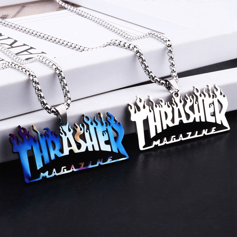 Dây chuyền mặt kim loại khắc chữ Thrasher thời trang hiphop