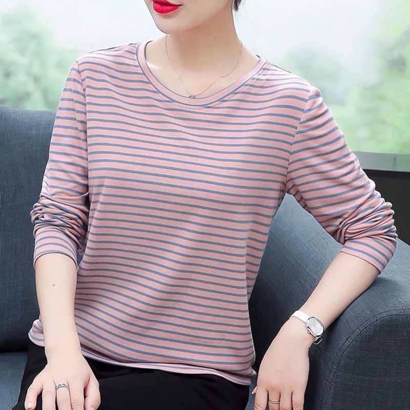 Áo thun tay dài cổ tròn họa tiết kẻ sọc thời trang cho phụ nữ trung niên