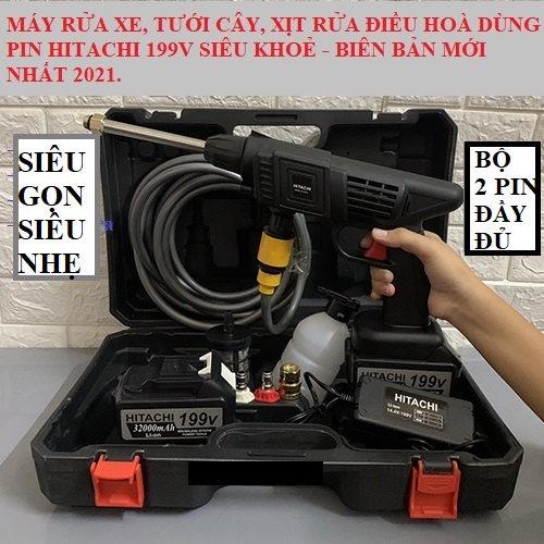 [BH1NĂM] Máy rửa xe dùng pin mini, Máy xịt rửa tăng áp Hitachi 199V áp lực cao 1400W