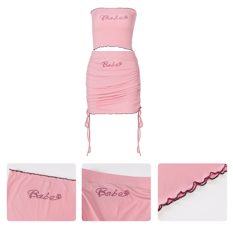 Brroa Set 2 Áo Croptop Dệt Kim Hở Vai Mini Ôm Dáng Phối Dây Rút Đính Đá Chữ Thời Trang Quyến Rũ Cho Nữ