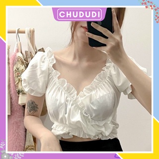 Áo croptop tay phồng bánh bèo có dây thắt nơ quấn eo CHUDUDI AK8