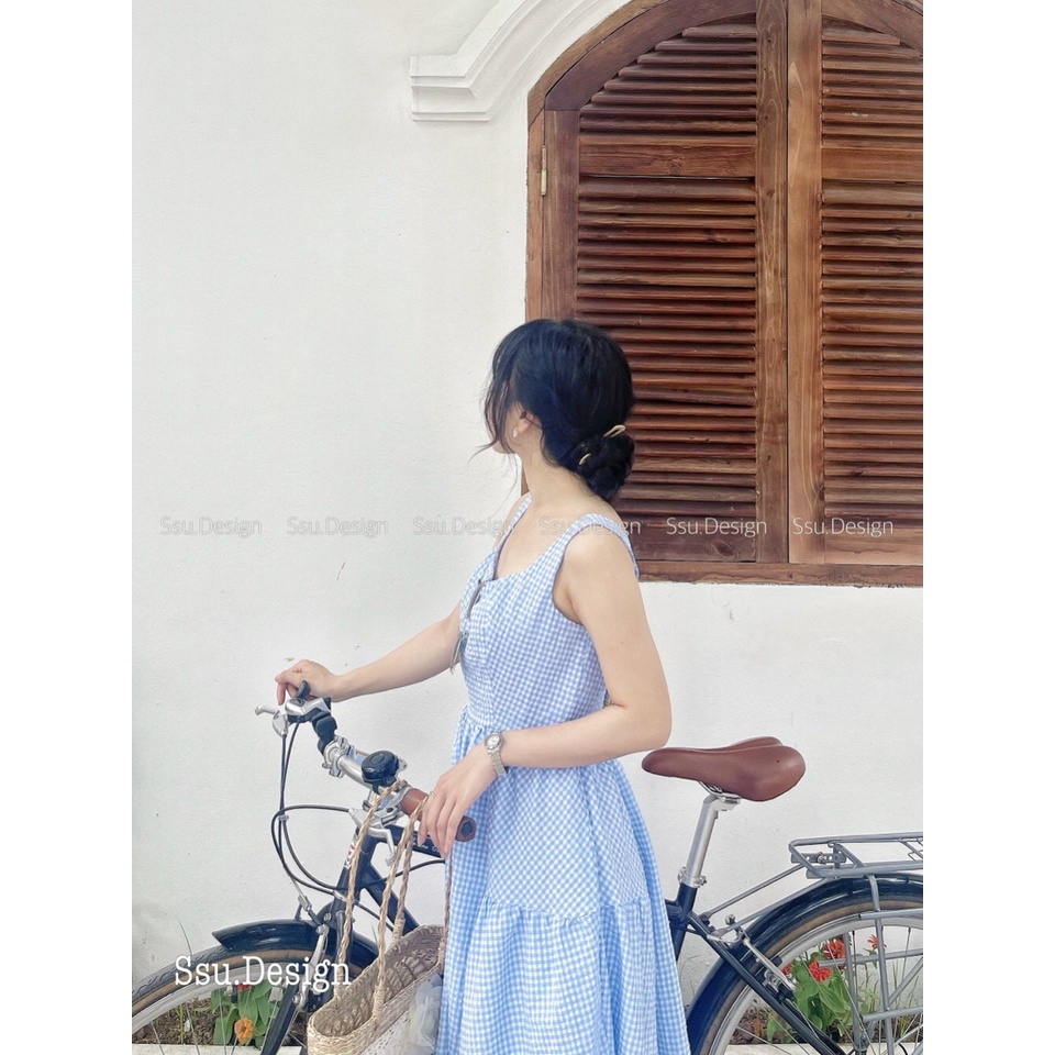 Váy 2 Dây Kẻ Đũi Xốp Dáng Dài Xòe Đầm Bồng Xòe Tiểu Thư - Ssu