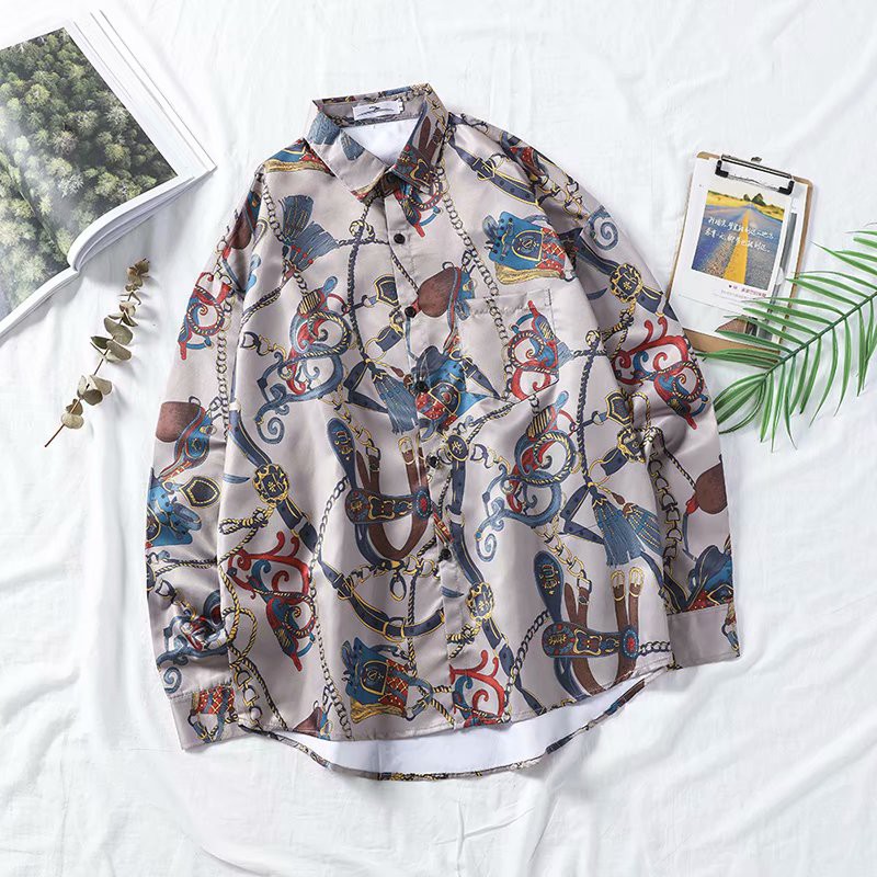 European and American style printed long-sleeved shirt for men